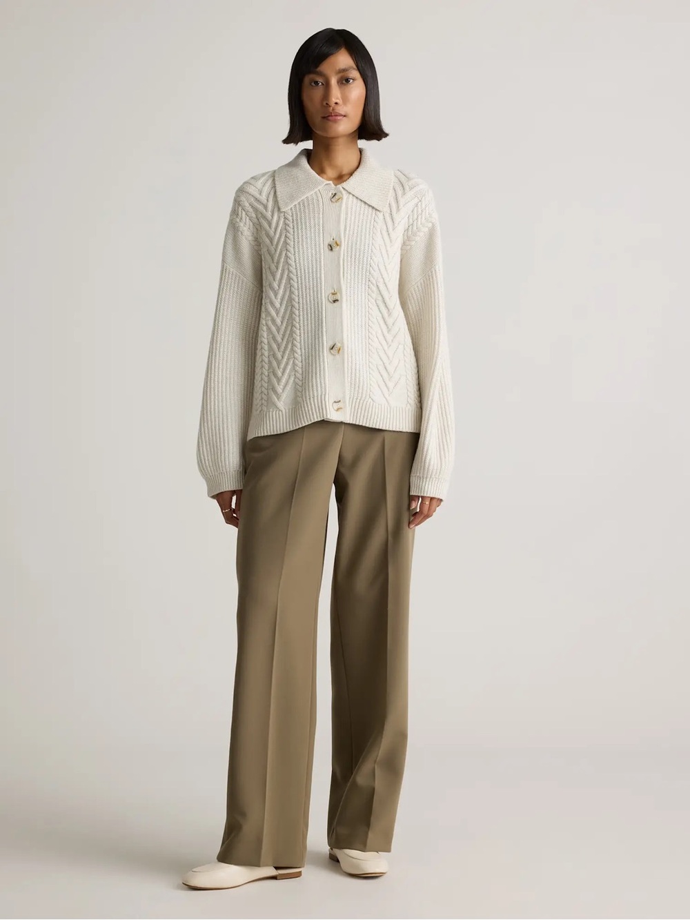 Quince Australian Merino Wool Women's Collared Cable Cardigan Heather Bone Cream - Picture 2 of 13